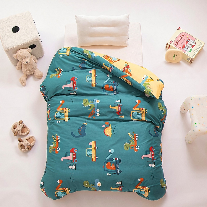 91家纺网 家纺一手货源 找家纺 吉咪兔2024年新品A类60支幼儿园被子三件套宝宝被套纯棉儿童六件套恐龙时代-蓝