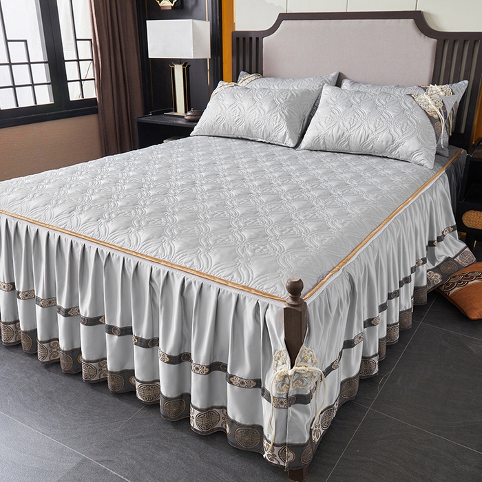 91家纺网 家纺一手货源 找家纺 罗艺轩 2024新款贡缎夹棉中国风新中式系列床裙三件套 中国风-迷雾灰