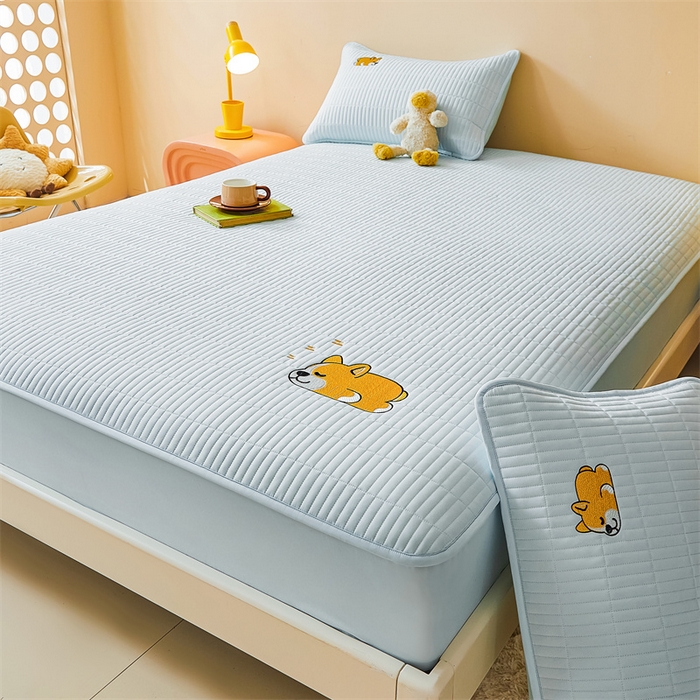 91家纺网 家纺一手货源 找家纺 2025新品高克重A类原棉夹棉床笠刺绣绣花柯基熊猫床笠三件套 床笠款-柯基-冰川蓝