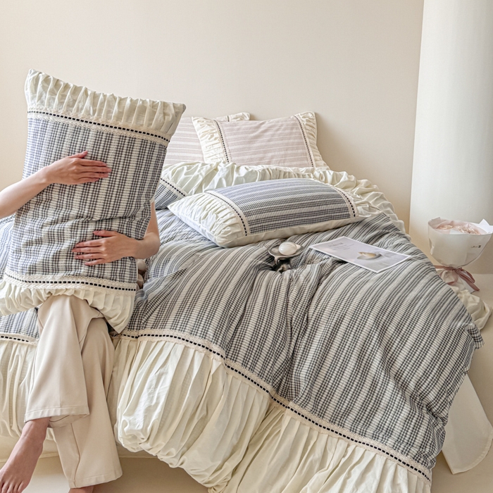 91家纺网 家纺一手货源 找家纺 2024新品小香风纯棉色织小提花四件套--花漾系列 花漾-黑