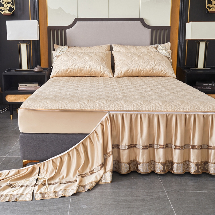 91家纺网 家纺一手货源 找家纺 罗艺轩 2024新款贡缎夹棉中国风新中式系列床裙三件套 中国风-香槟