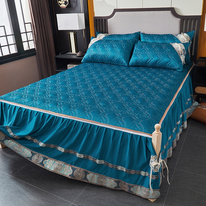 91家纺网 家纺一手货源 找家纺 罗艺轩 2024新款贡缎夹棉中国风新中式系列床裙款四件套 中国风-宝石蓝
