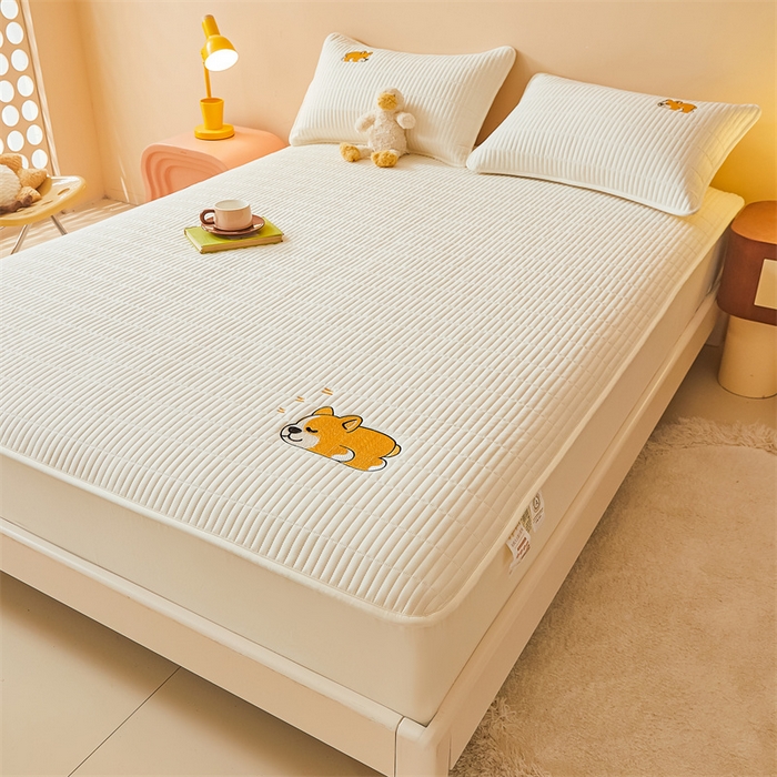 91家纺网 家纺一手货源 找家纺 2025新品高克重A类原棉夹棉床笠刺绣绣花柯基熊猫床笠三件套 床笠款-柯基-皓月白