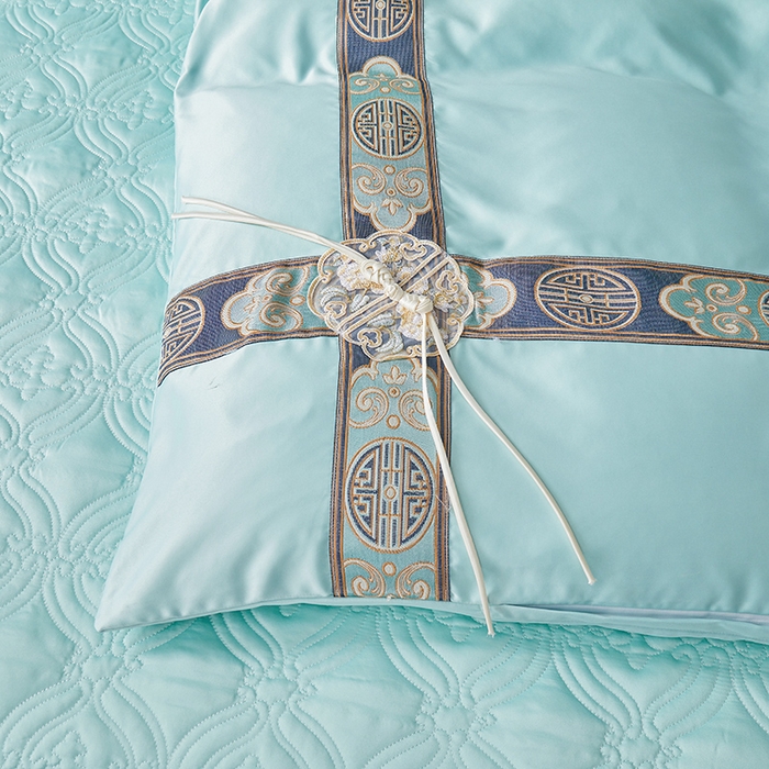 91家纺网 家纺一手货源 找家纺 罗艺轩 2024新款贡缎夹棉中国风新中式系列床裙款四件套 中国风-薄荷色