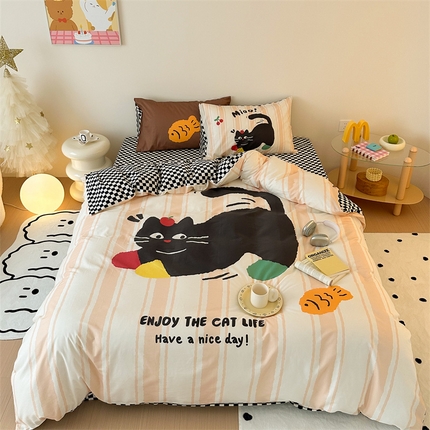 珺柔家纺 2024新款130*70 全棉大版数码印花四件套 彩脚小猫