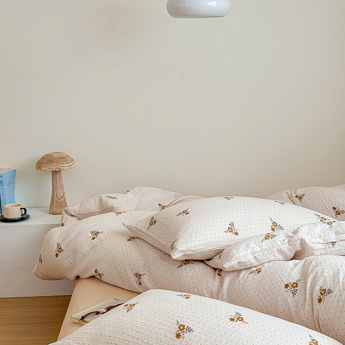 91家纺网 家纺一手货源 找家纺 2024新品专版印花双层皱皱纱四件套 花音