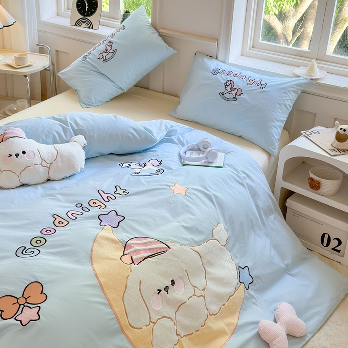 91家纺网 家纺一手货源 找家纺 （总）红番天家居馆 2025新款A类全棉水洗棉贴布绣四件套-月儿弯弯