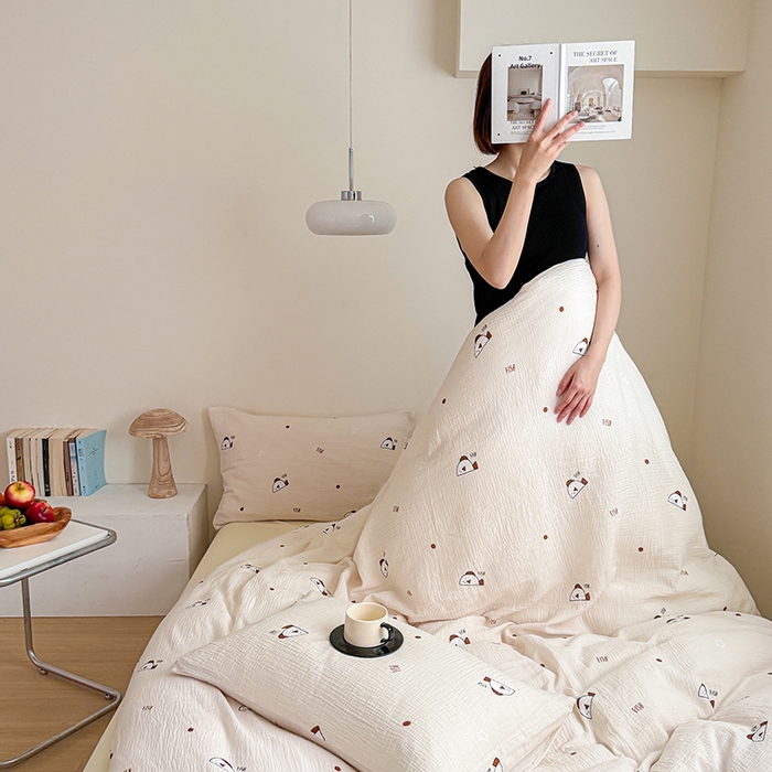 91家纺网 家纺一手货源 找家纺 2024新品专版印花双层皱皱纱四件套 泡泡鱼