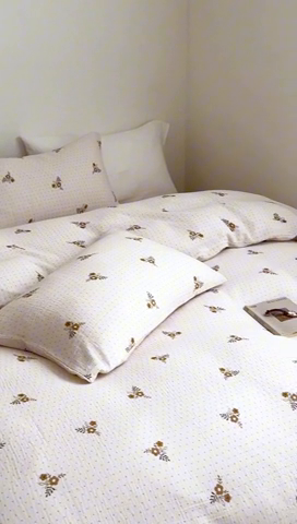 91家纺网 家纺一手货源 找家纺 2024新品专版印花双层皱皱纱四件套 花音