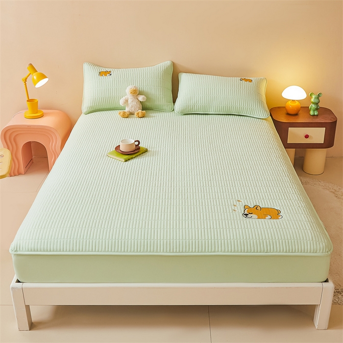 91家纺网 家纺一手货源 找家纺 2025新品高克重A类原棉夹棉床笠刺绣绣花柯基熊猫床笠三件套 床笠款-柯基-清雅绿