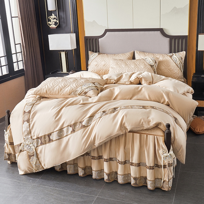 91家纺网 家纺一手货源 找家纺 罗艺轩 2024新款贡缎夹棉中国风新中式系列床裙款四件套 中国风-香槟