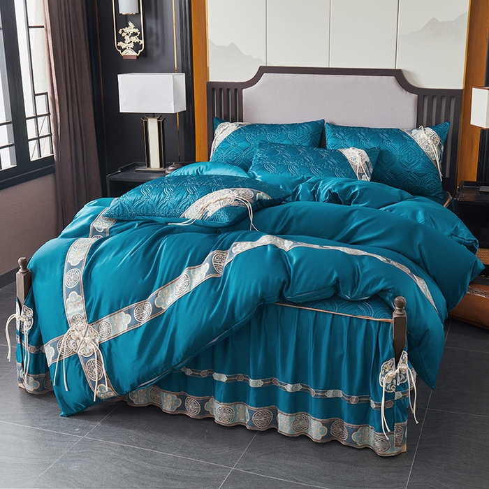 91家纺网 家纺一手货源 找家纺 罗艺轩 2024新款贡缎夹棉中国风新中式系列床裙款四件套 中国风-宝石蓝