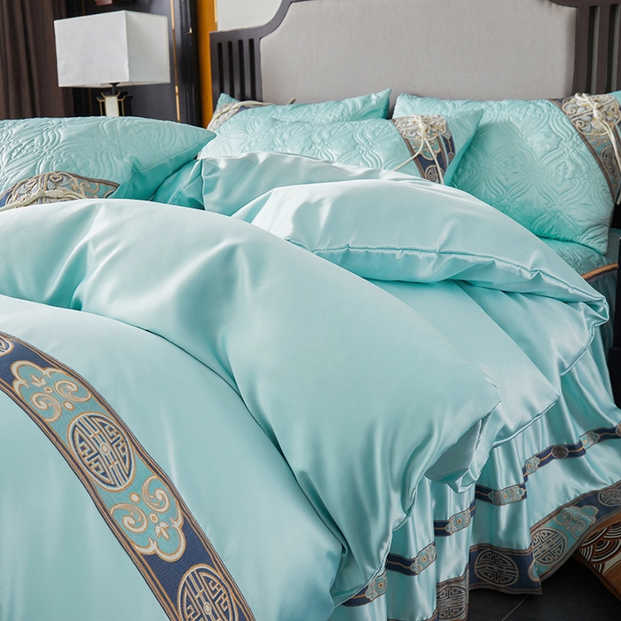 91家纺网 家纺一手货源 找家纺 罗艺轩 2024新款贡缎夹棉中国风新中式系列床裙款四件套 中国风-薄荷色