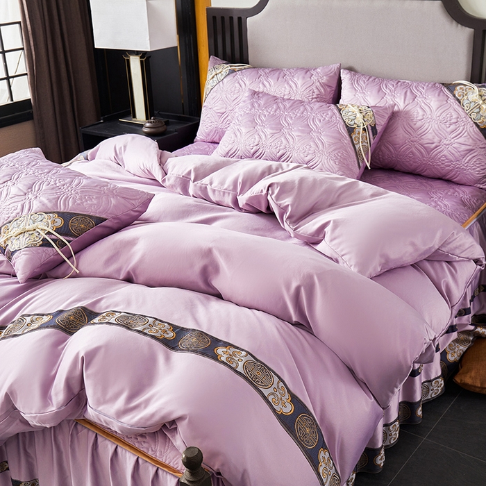 91家纺网 家纺一手货源 找家纺 罗艺轩 2024新款贡缎夹棉中国风新中式系列床裙款四件套 中国风-茉莉紫