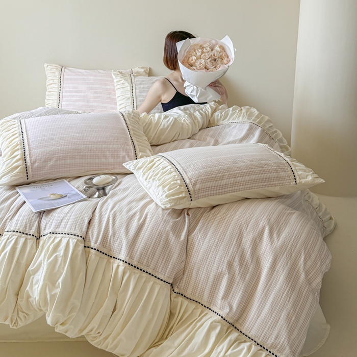 91家纺网 家纺一手货源 找家纺 2024新品小香风纯棉色织小提花四件套--花漾系列 花漾-咖