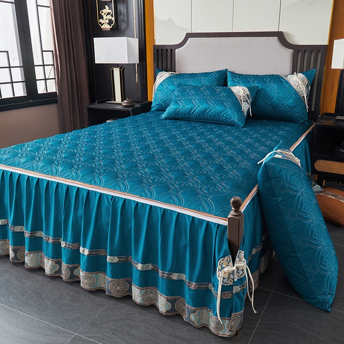 91家纺网 家纺一手货源 找家纺 罗艺轩 2024新款贡缎夹棉中国风新中式系列床裙三件套 中国风-宝石蓝