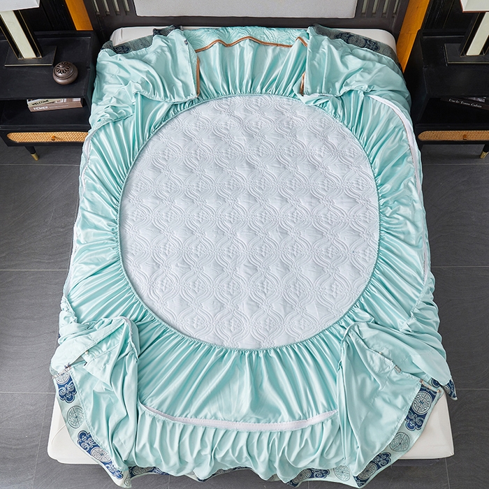 91家纺网 家纺一手货源 找家纺 罗艺轩 2024新款贡缎夹棉中国风新中式系列床裙三件套 中国风-薄荷色