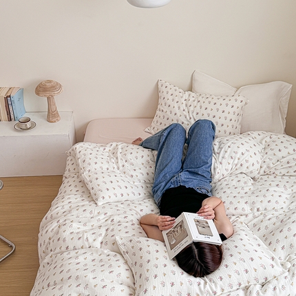 2024新品专版印花双层皱皱纱四件套 半夏