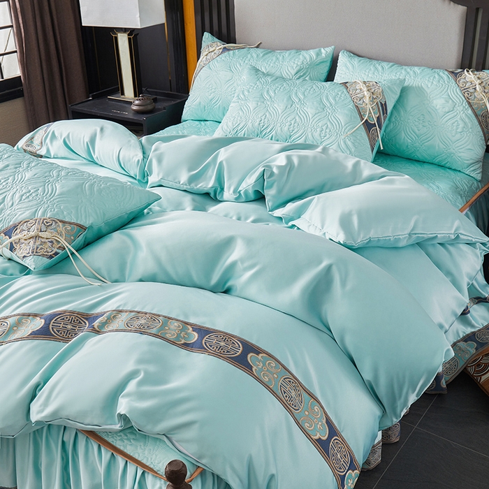 91家纺网 家纺一手货源 找家纺 罗艺轩 2024新款贡缎夹棉中国风新中式系列床裙款四件套 中国风-薄荷色