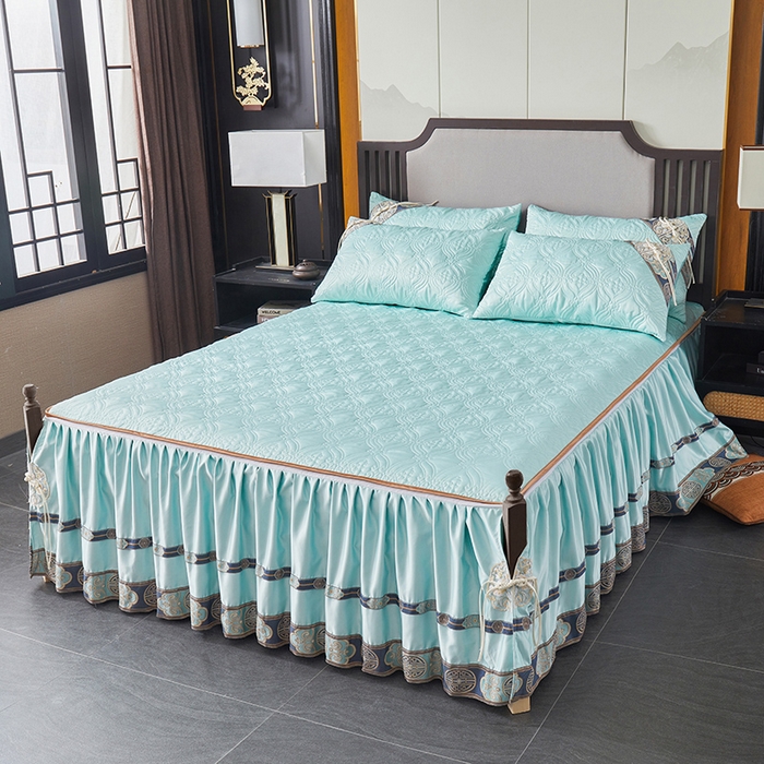 91家纺网 家纺一手货源 找家纺 罗艺轩 2024新款贡缎夹棉中国风新中式系列床裙三件套 中国风-薄荷色