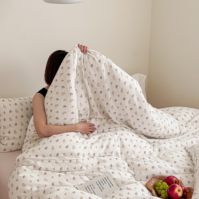 91家纺网 家纺一手货源 找家纺 2024新品专版印花双层皱皱纱四件套 半夏