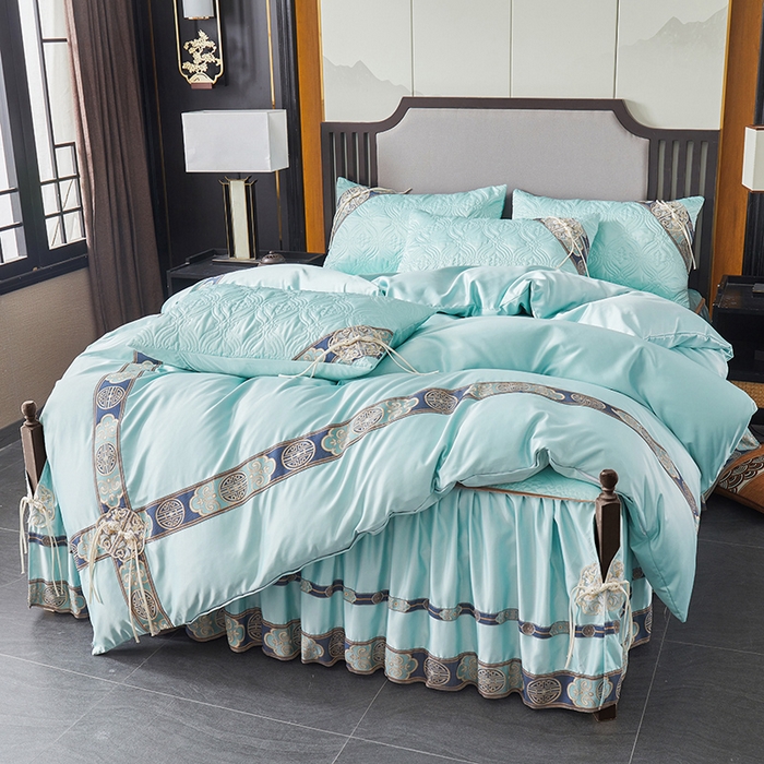 91家纺网 家纺一手货源 找家纺 罗艺轩 2024新款贡缎夹棉中国风新中式系列床裙款四件套 中国风-薄荷色