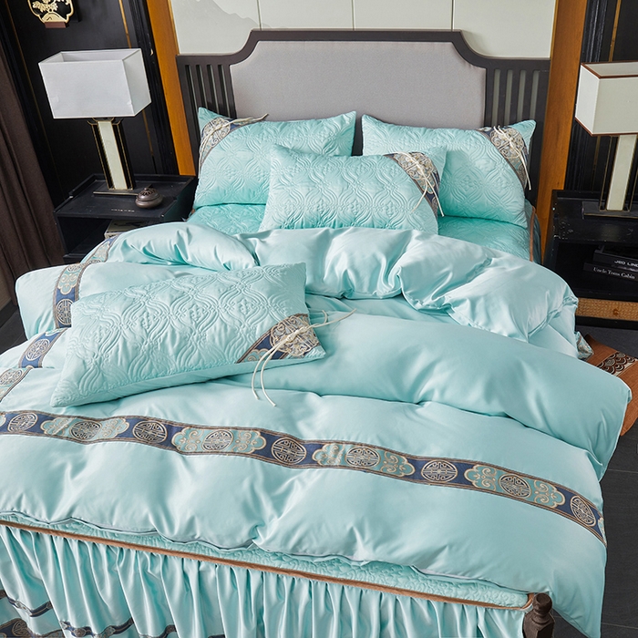 91家纺网 家纺一手货源 找家纺 罗艺轩 2024新款贡缎夹棉中国风新中式系列床裙款四件套 中国风-薄荷色