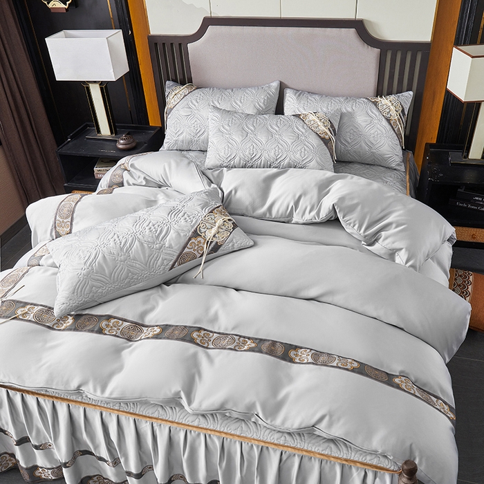 91家纺网 家纺一手货源 找家纺 罗艺轩 2024新款贡缎夹棉中国风新中式系列床裙款四件套 中国风-迷雾灰