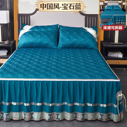 罗艺轩 2024新款贡缎夹棉中国风新中式系列床裙三件套 中国风-宝石蓝
