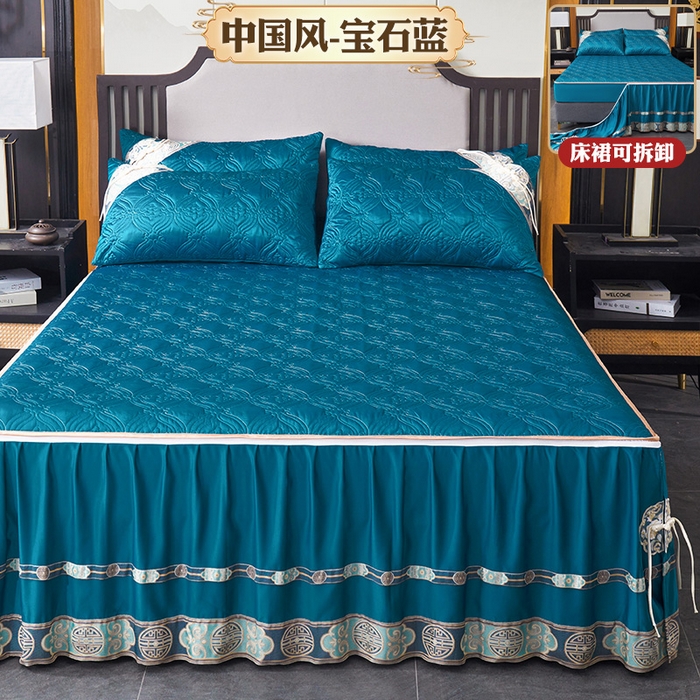 91家纺网 家纺一手货源 找家纺 罗艺轩 2024新款贡缎夹棉中国风新中式系列床裙三件套 中国风-宝石蓝