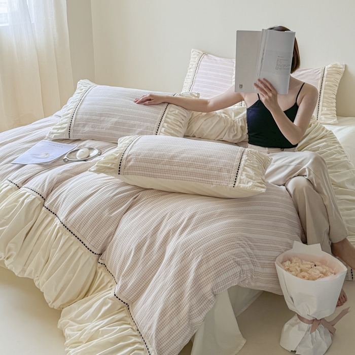 91家纺网 家纺一手货源 找家纺 2024新品小香风纯棉色织小提花四件套--花漾系列 花漾-咖