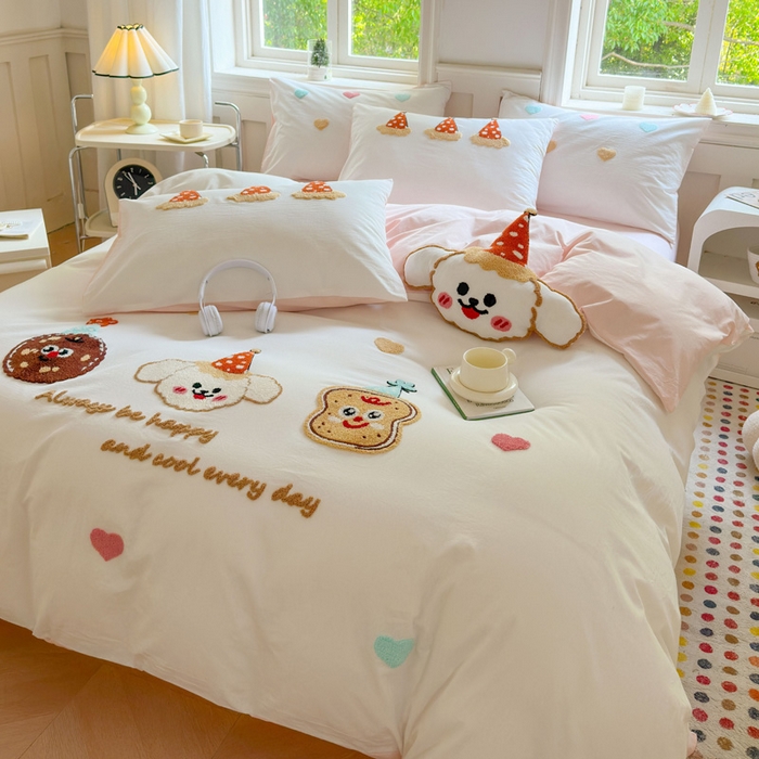 91家纺网 家纺一手货源 找家纺 （总）红番天家居馆 2025新款A类全棉水洗棉毛巾绣四件套-宠物饼干