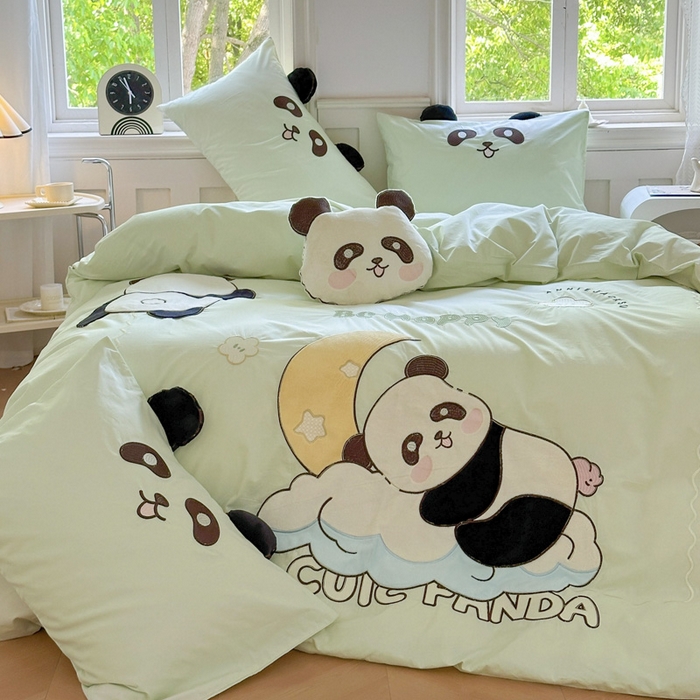 91家纺网 家纺一手货源 找家纺 （总）红番天家居馆 2025新款A类全棉水洗棉贴布绣四件套-熊猫奔奔