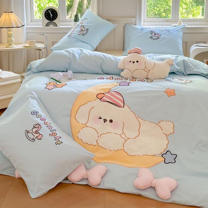 91家纺网 家纺一手货源 找家纺 （总）红番天家居馆 2025新款A类全棉水洗棉贴布绣四件套-月儿弯弯