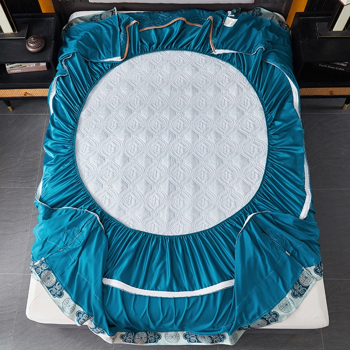 91家纺网 家纺一手货源 找家纺 罗艺轩 2024新款贡缎夹棉中国风新中式系列床裙款四件套 中国风-宝石蓝