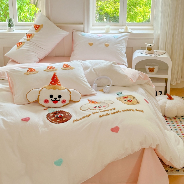 91家纺网 家纺一手货源 找家纺 （总）红番天家居馆 2025新款A类全棉水洗棉毛巾绣四件套-宠物饼干