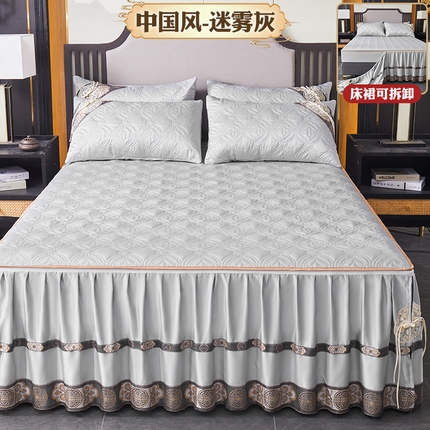 91家纺网 家纺一手货源 找家纺 罗艺轩 2024新款贡缎夹棉中国风新中式系列床裙三件套 中国风-迷雾灰