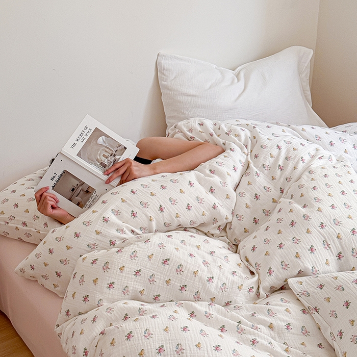 91家纺网 家纺一手货源 找家纺 2024新品专版印花双层皱皱纱四件套 半夏