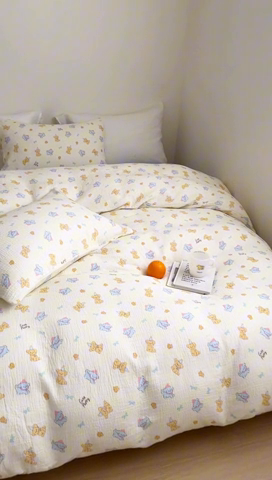 91家纺网 家纺一手货源 找家纺 2024新品专版印花双层皱皱纱四件套 萌宠