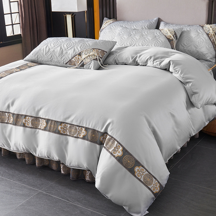 91家纺网 家纺一手货源 找家纺 罗艺轩 2024新款贡缎夹棉中国风新中式系列床裙款四件套 中国风-迷雾灰