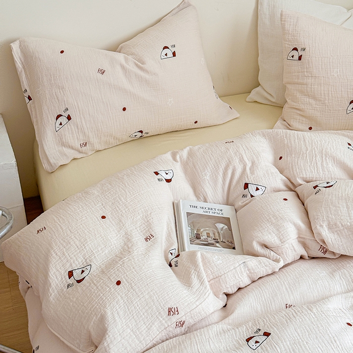 91家纺网 家纺一手货源 找家纺 2024新品专版印花双层皱皱纱四件套 泡泡鱼