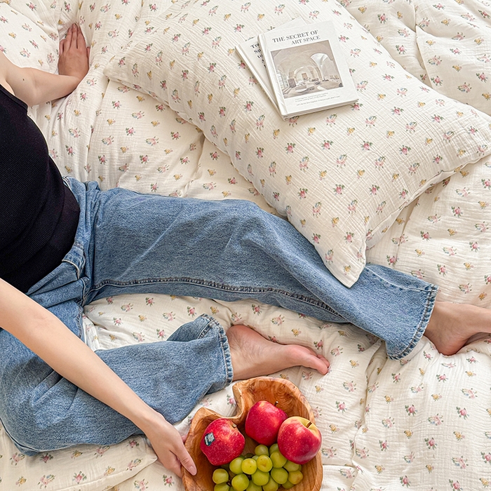 91家纺网 家纺一手货源 找家纺 2024新品专版印花双层皱皱纱四件套 半夏