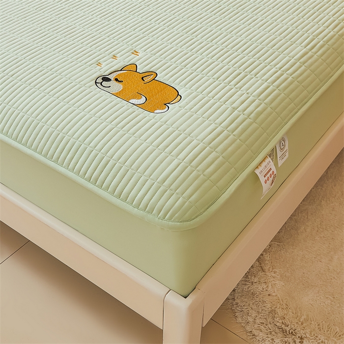 91家纺网 家纺一手货源 找家纺 2025新品高克重A类原棉夹棉床笠刺绣绣花柯基熊猫床笠三件套 床笠款-柯基-清雅绿