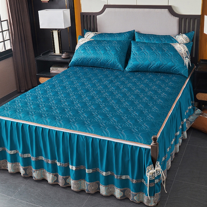 91家纺网 家纺一手货源 找家纺 罗艺轩 2024新款贡缎夹棉中国风新中式系列床裙三件套 中国风-宝石蓝