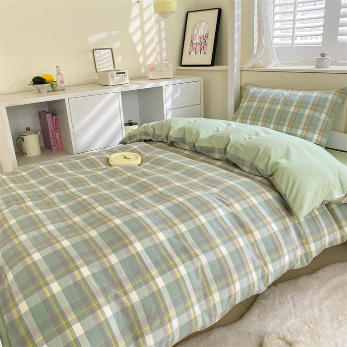 91家纺网 家纺一手货源 找家纺 （总）盛秋家纺 2025新款水洗棉卡通学生宿舍格子三件套四件套