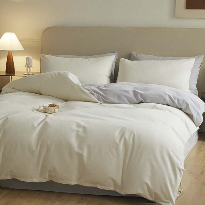 91家纺网 家纺一手货源 找家纺 澳梵家居 2024新款秋冬纯色全棉磨毛四件套--素色如锦系列 奶白-幻影灰