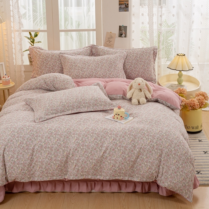 91家纺网 家纺一手货源 找家纺 富之航家纺 2024新款小清新床盖四件套公主风提花针织棉床盖四件套套 雾里花