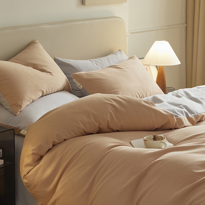 91家纺网 家纺一手货源 找家纺 澳梵家居 2024新款秋冬纯色全棉磨毛四件套--素色如锦系列 南瓜橘-幻影灰