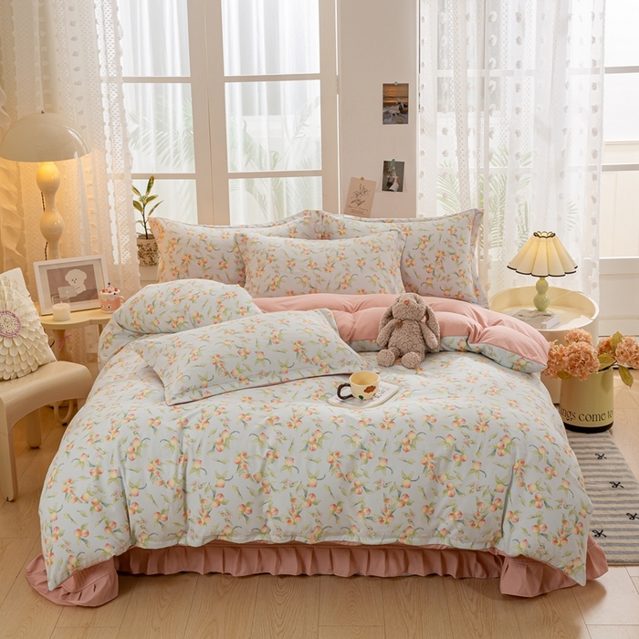 91家纺网 家纺一手货源 找家纺 富之航家纺2024新款小清新床盖四件套公主风提花针织棉床盖四件套 蜜桃