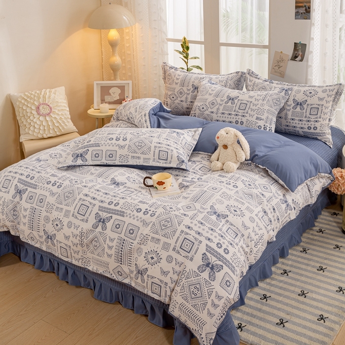 91家纺网 家纺一手货源 找家纺 富之航家纺 2024新款小清新床盖四件套公主风提花针织棉床盖四件套 蓝图